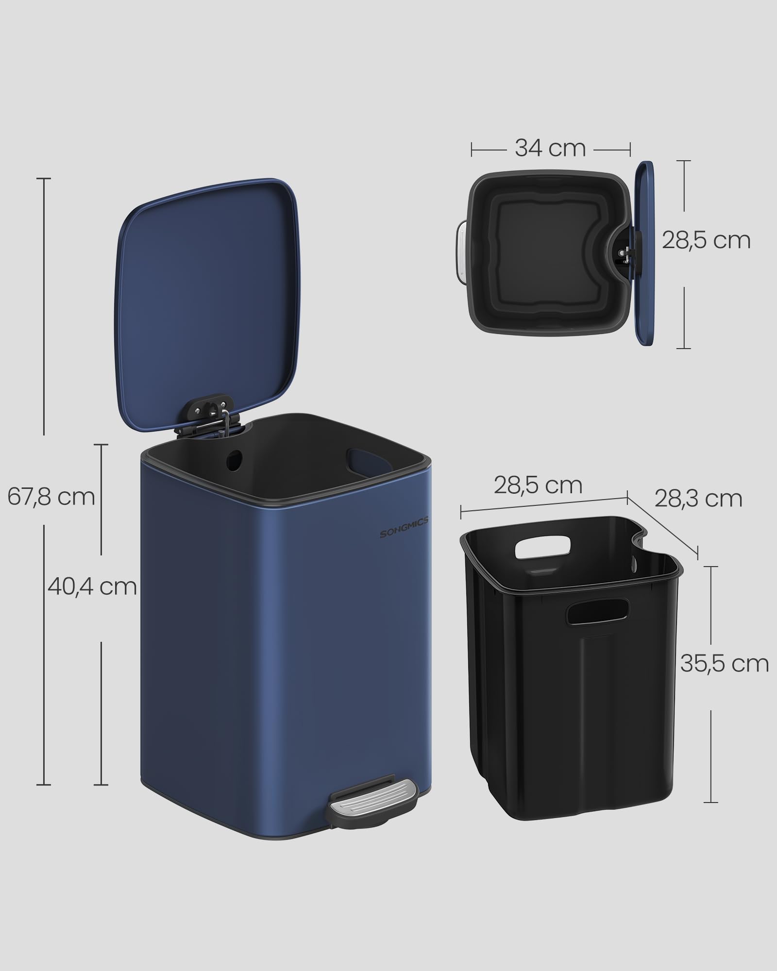 SONGMICS Kosz kuchenny, kosz na śmieci o pojemności 20 l, stalowy kosz na pedały, z wewnętrznym wiadrem, miękkie zamykanie i pozostaje otwarty, Midnight Blue LTB592Q02