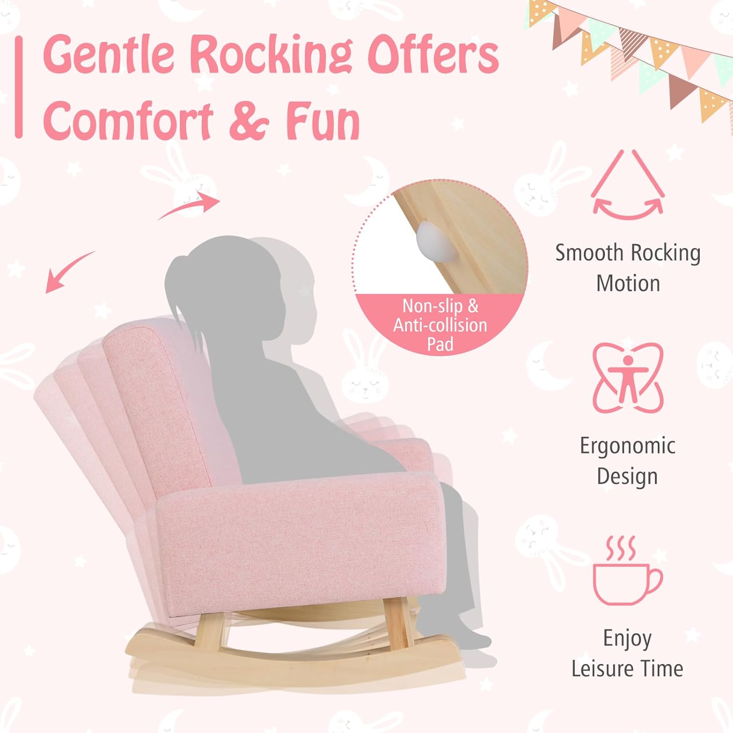 HONEY JOY Toddler Rocking Chair, Kids Rocker with Solid Wood Legs & Linen Fabric, Anti-Tipping Design, Toddler Couch for Kids Room, Playroom, Nursery, Bedroom (Pink)