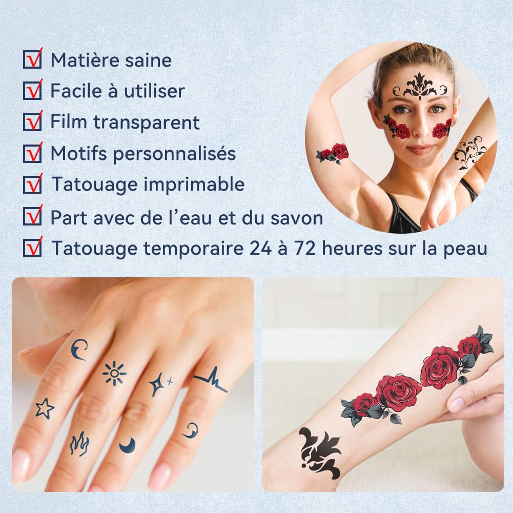 Papier Transfert Tatouage Temporaire Transparent A4, Impression Jet d'Encre & Laser, Lavable, Décalcomanie DIY, 5 Feuilles