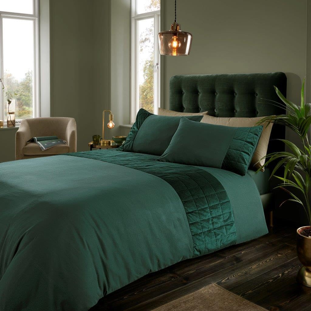 Lions Dark Green Crushed Velvet Duvet Cover Set, King Size