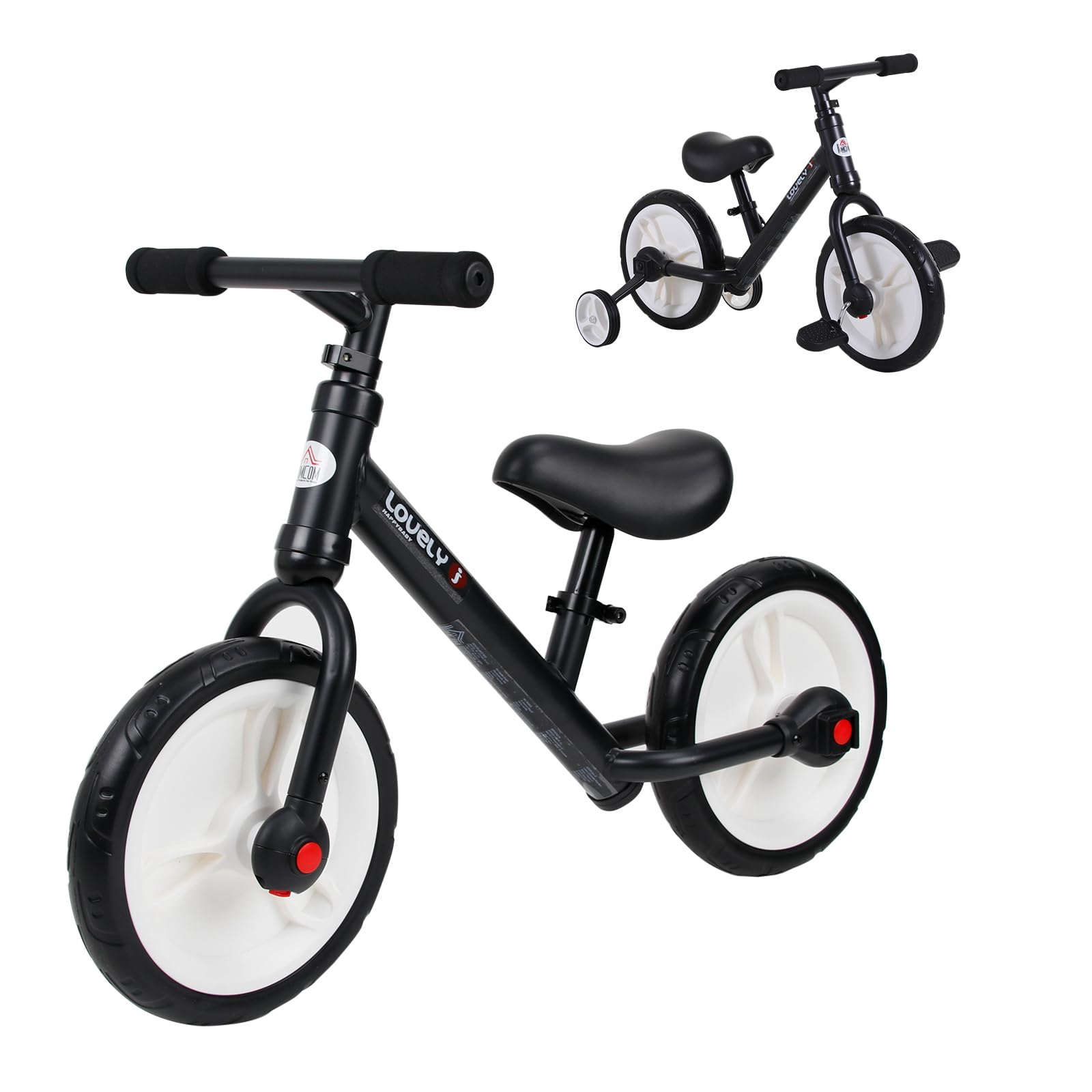 HOMCOM Bicicletta Senza Pedali per Bambini da 2 a 5 Anni, 25 kg, Nero | Balance Bike, Sellino Regolabile, Ruote Ausiliarie e Pedali