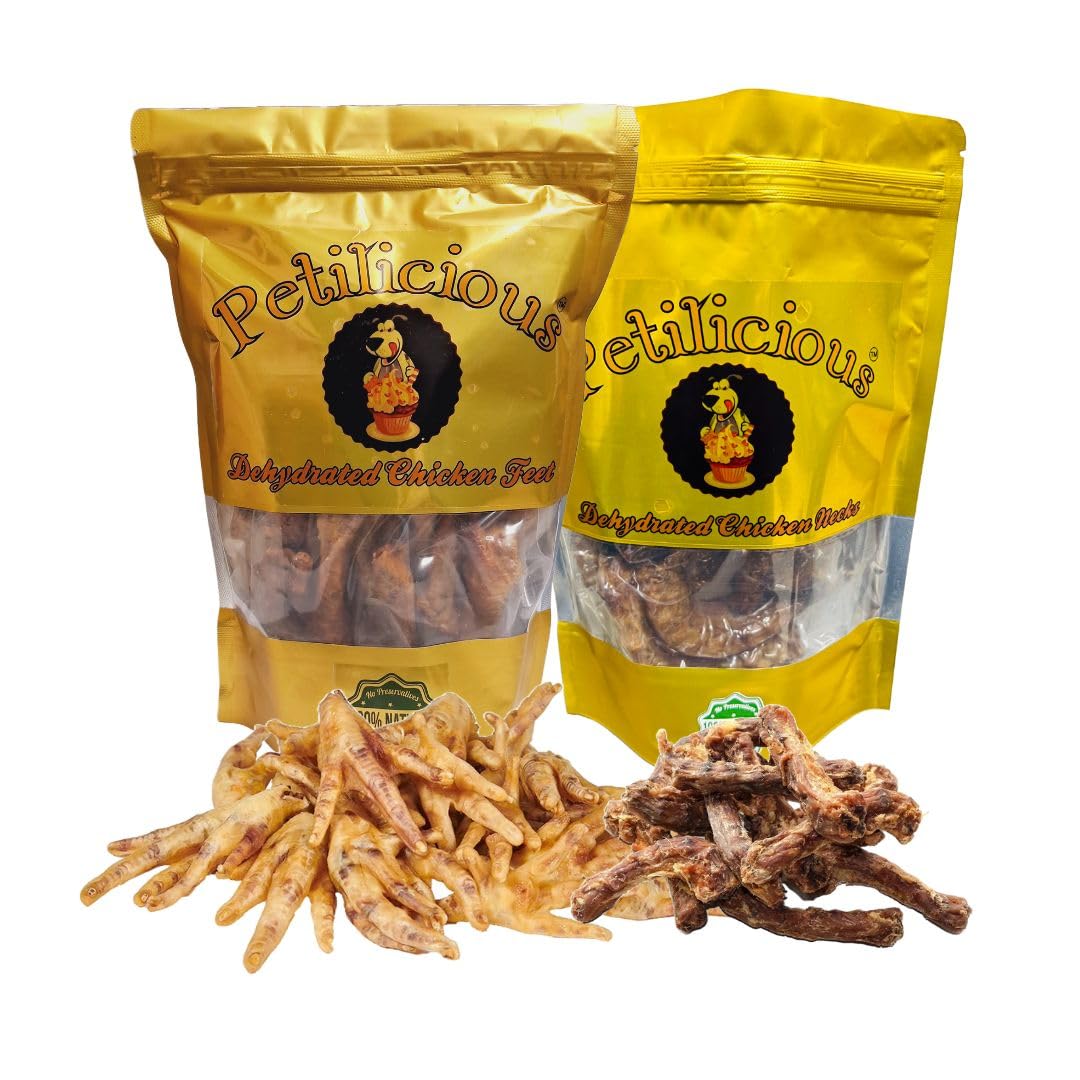 Petilicious Dehydrated Chicken Feet & Neck Combo | 100% Natural & All Life Stages | Preservatives Free | Tasty Pet Treat for Dogs 200 GMS (100 Gm Each)