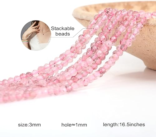 Miniatura 2 de FONNEY Cuentas de piedra natural facetadas de 0.118 pulgadas para hacer joyas de calidad AAA, mezcla de cuentas de cuarzo y fresa, 120 cuentas