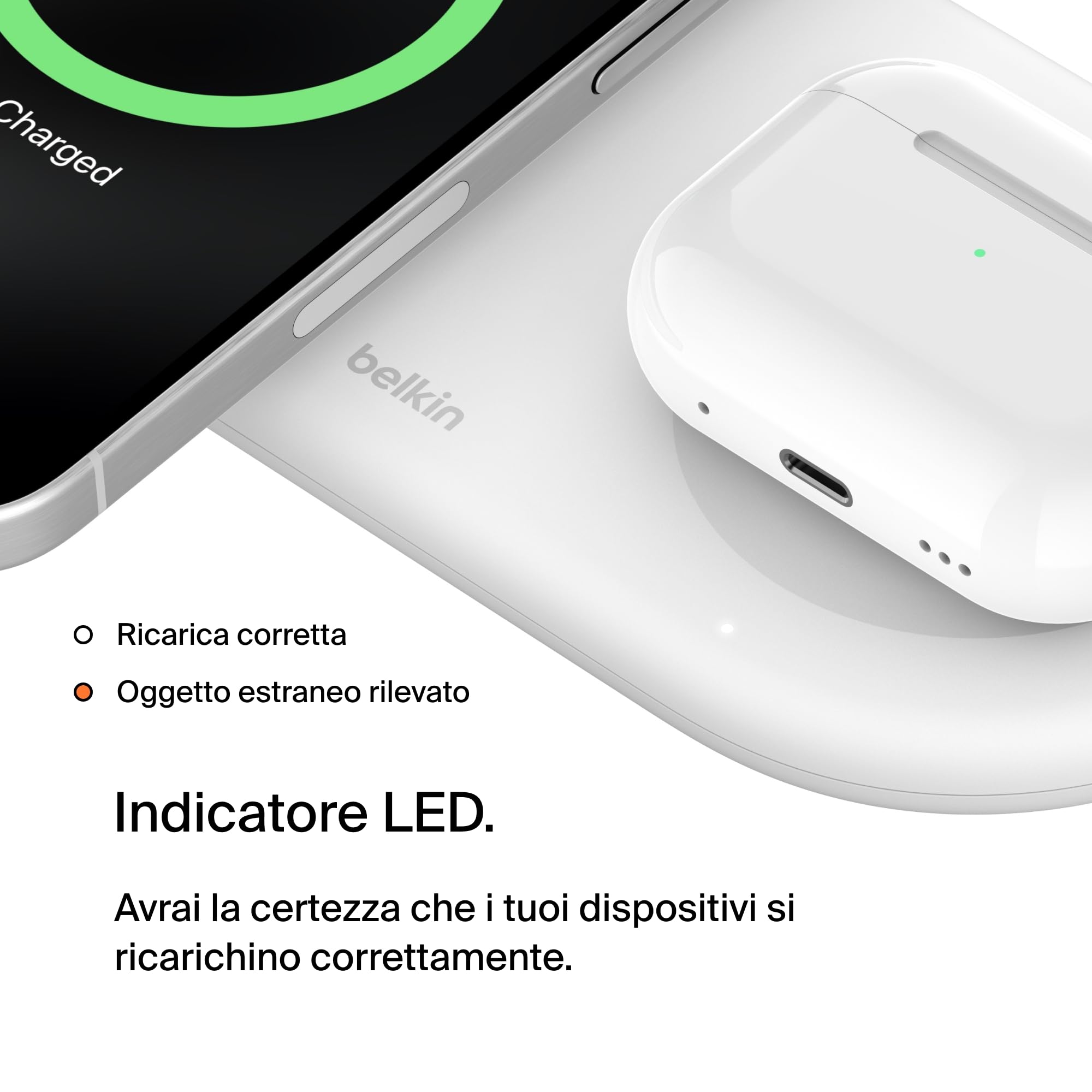 Belkin BoostCharge Pro Tappetino di Ricarica Wireless 2 in 1 con tecnologia magnetica Qi2 15W, Caricabatteria wireless rapido per iPhone 17, Air, Pixelsnap, AirPods e dispositivi MagSafe - Bianco