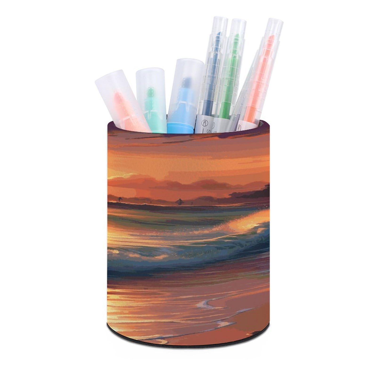 Sunset Seaside Pen Holder Multi-Functional Round Pencil Holder Cute Office Decoration Pen Cups Simple Design PU Leather Paintbrush Cups for Home Office Desk