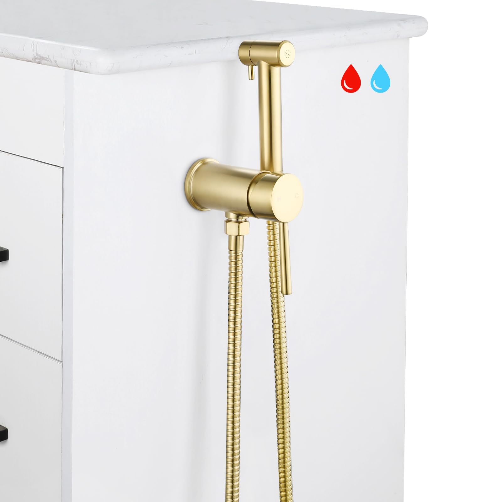 KWOCI Brushed Gold Hot and Cold Bidet Sprayer Set Mounted on The Bathroom Vanity, Stainless Steel Warm Water Bidet Sprayer for Toilet with Brass Hot
