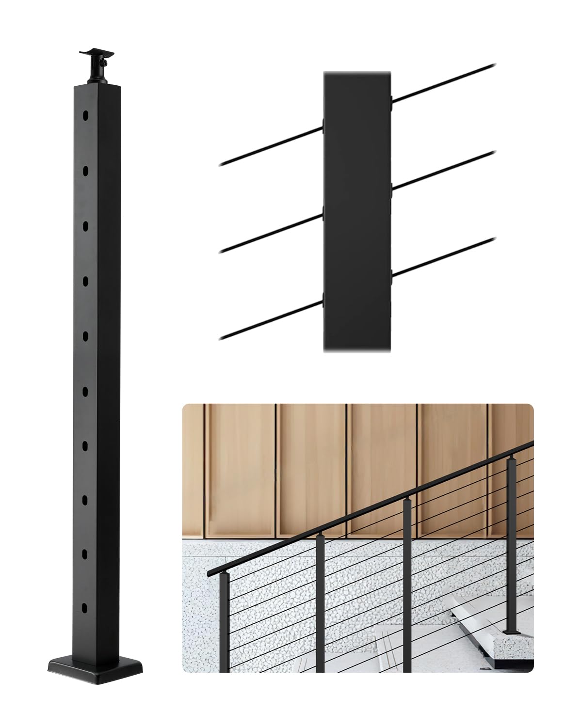 Photo 1 of VEVOR Stair Cable Railing Post, 10 30° Pre-Drilled Holes, 36x2x2 Inches Stainless Steel Cable Railing System Kit for Indoor Outdoor Deck Balcony, 1 Pack, Black, Product ID 1JZLGZXHS914YIVIS001V0