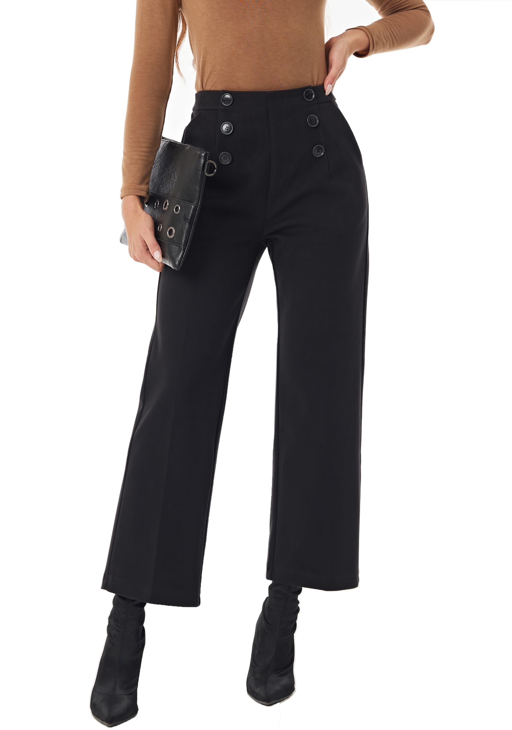 heipeiwa Womens Wool Blend Winter Fall Wide Leg Pull on High Waist Dress Business Casual Pants