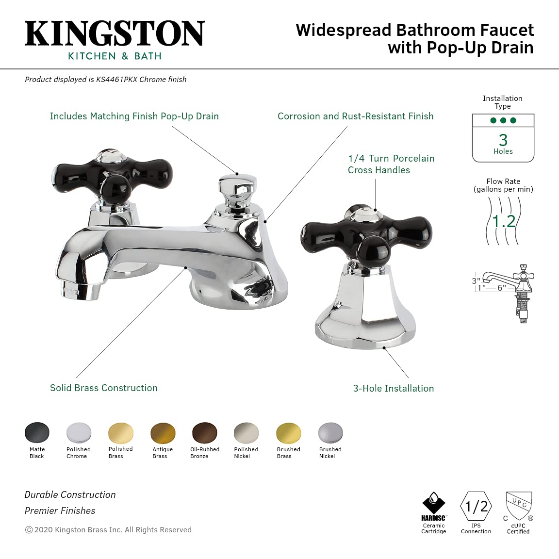 Kingston Brass KS4468PKX Metropolitan - Rubinetto per lavabo con scarico a scomparsa, in nichel satinato