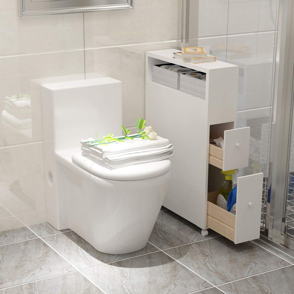 Tangkula Slim Bathroom Storage Wooden Rolling Floor
