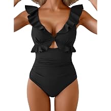 Aidonger Womens One Piece Swimsuit Tummy Control Ruffle Bathing Suit V Neck Ruched Swim Suit Slimming Cutout Swimwear