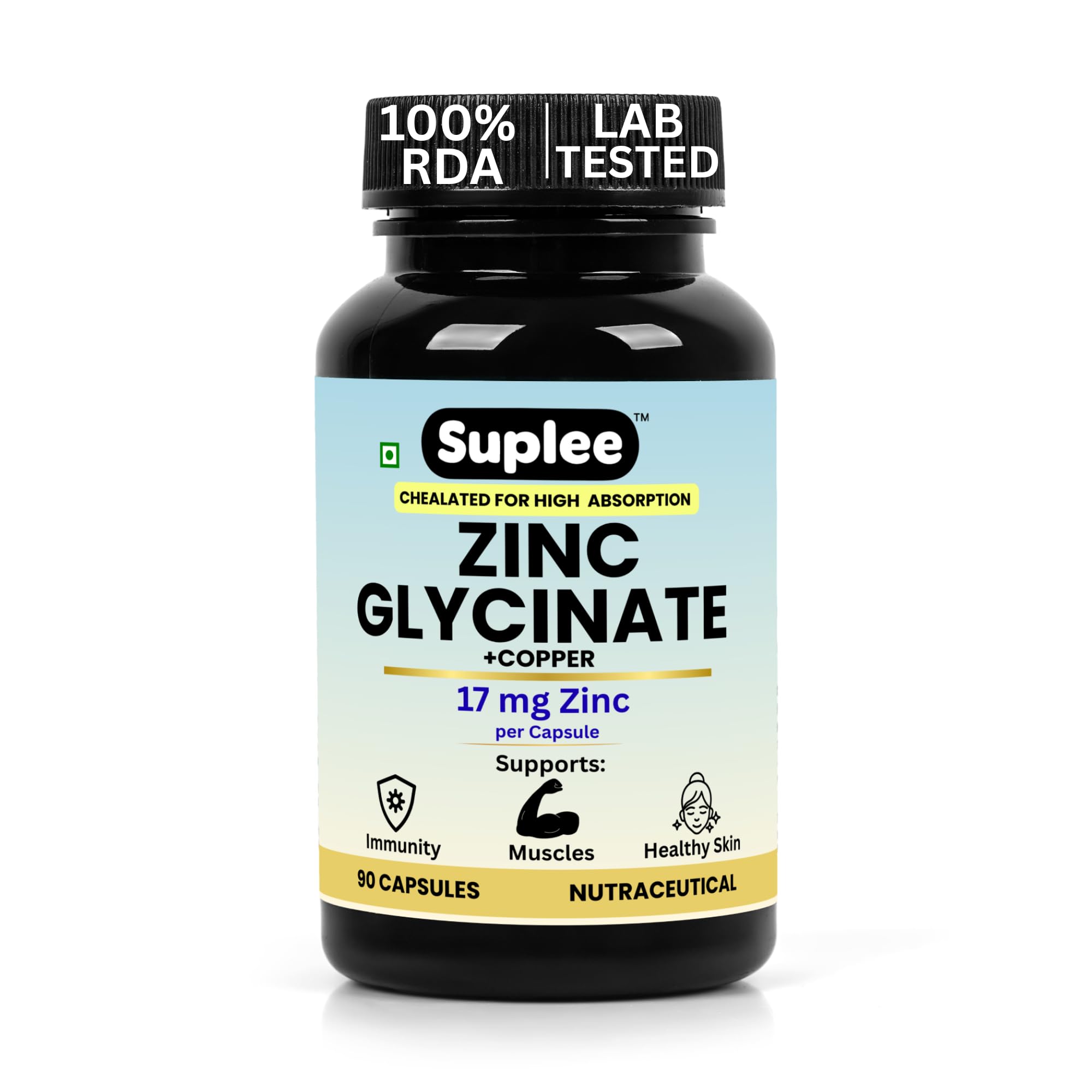 Suplee Zinc Glycinate with Copper Supplement | 17mg Zinc & 1.7mg Copper | High Absorption Chelated Formula for Immunity, Skin & Muscle Health | 90 Veg Capsules-image-16