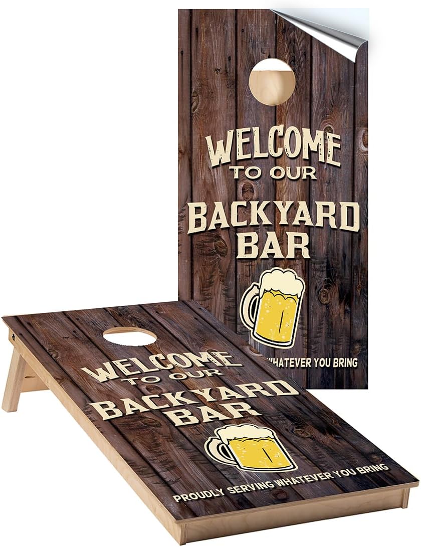Cornhole Wraps #440 -Welcome to Our Backyard Bar - Cornhole Game Graphic Decals - Includes Application Squeegee - Set of (2) 25" x 49" Wraps with Gloss Laminate