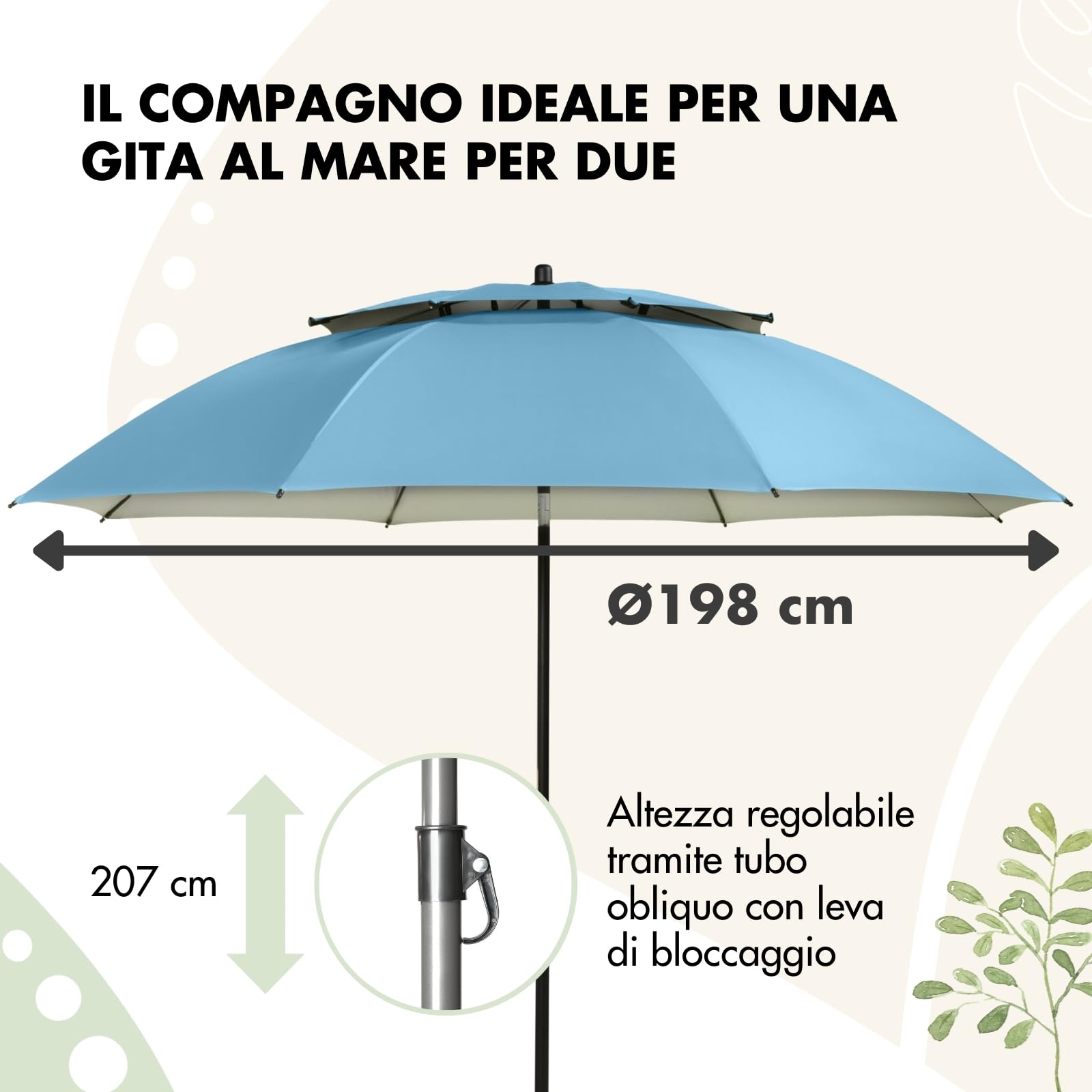 Doppler - Ombrellone, 200 cm, ombrellone stabile da spiaggia, a prova di vento, ombrellone da spiaggia, pieghevole, impermeabile