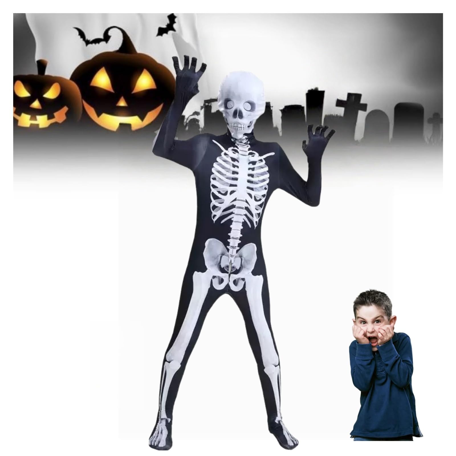 Woyingl Halloween Costume Kids, Scary Costumes Boys, Boys Halloween Costumes for Kids, 130cm Skeleton Mask Set for Cosplay Outfits Party Dress Gifts Surprise Gift Box