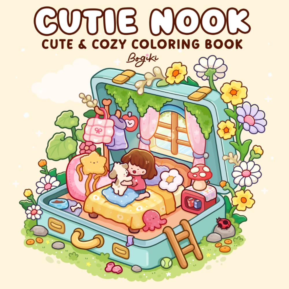 Cutie Nook: Coloring Book for Adults and Teens Featuring Cheerful Girls with Adorable Fuzzy Friends in Cozy Corner Designs for Relaxation