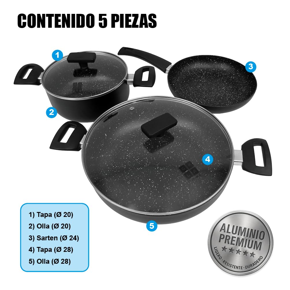 Batería de Cocina 5 Piezas Antiadherente | Juego de Ollas y Sartén de Aluminio | Apta para Inducción, Gas y Vitrocerámica | Tapas de Cristal | Juego de Sartenes y Ollas para Cocina