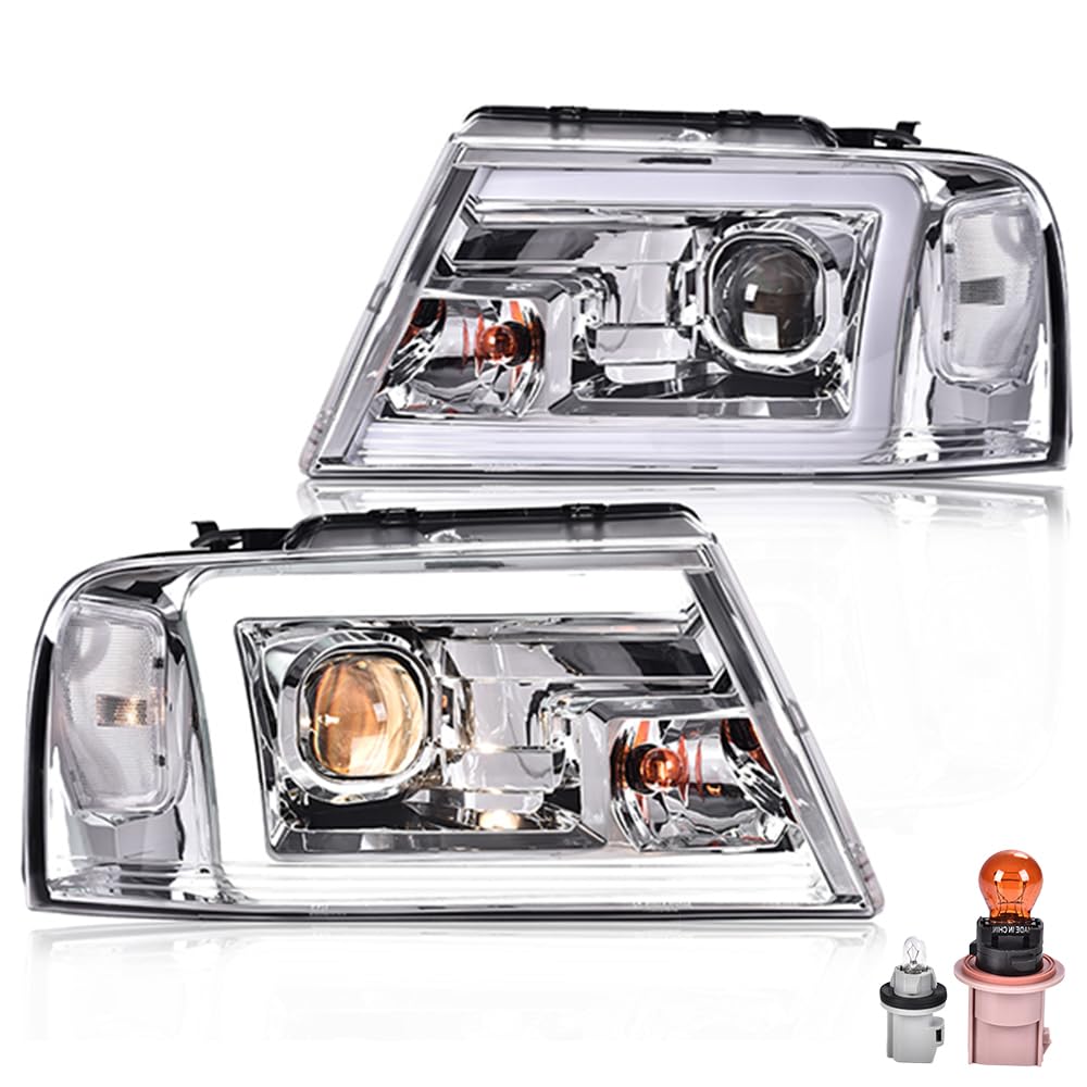 PIT66 LED DRL Headlight Assemblies, Compatible with 2004-2008 Ford F150/ 06-08 Lincoln Mark LT(NOT Fit 2004 F150 Heritage/Flareside Beds Models) Clear Lens Chrome Housing Clear Reflector