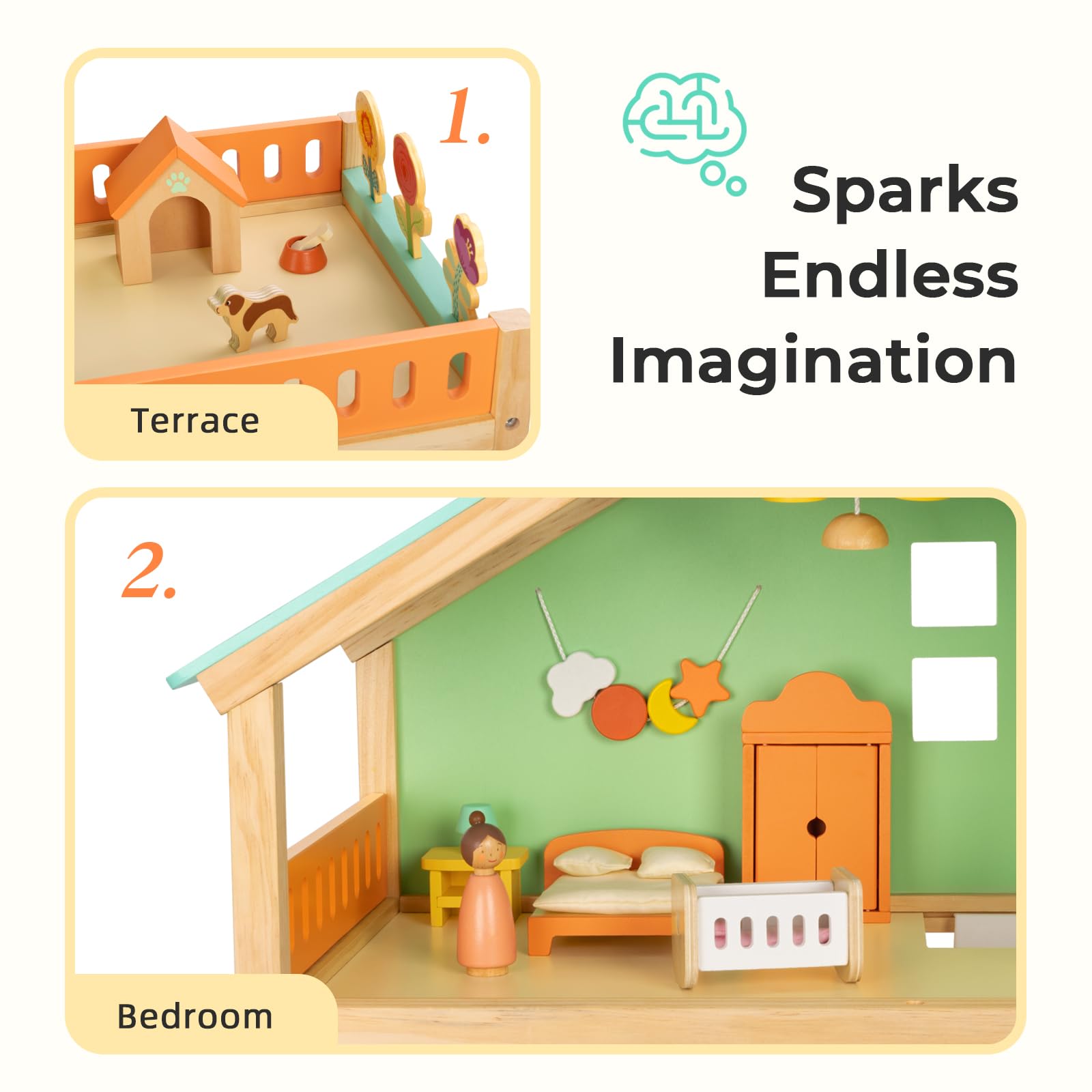 OOOK Puppenhaus aus Holz, 3 Etagen Puppenhausholz Groß mit 6 Räumen, Puppenhaus ab 3 Jahre mit 42 Luxuriösen Möbelzubehör