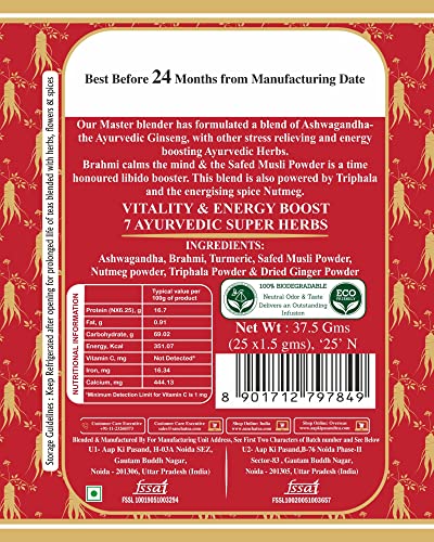 Image of Sancha Tea Boutique, Ginseng Herbal Tea with Ashwagandha (Indian Ginseng), 25 Pyramid Bags x Pack of 2, Caffeine Free Ayurvedic Herbal Tisane, Biodegradable Corn-Fibre Bags