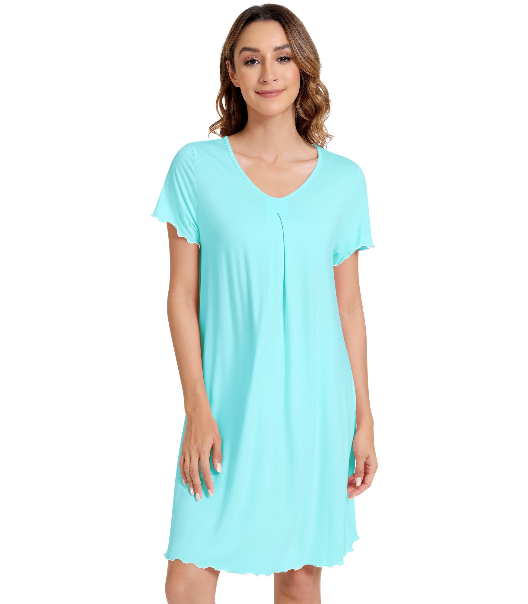 NACHILA Women's Nightgowns-Viscose Made from Bamboo, Soft Short Sleeve Nightgowns Comfy V Neck Night Shirt Cooling Sleepwear