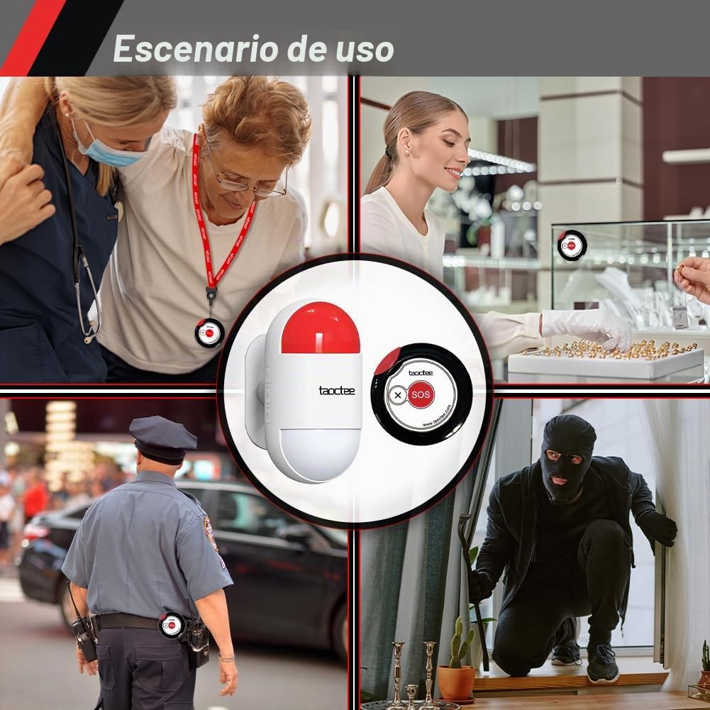 Botón Alarma Pánico Inalámbrico con Sirena para Emergencias | Botón SOS portátil con cuerda conveniente para casa, fábrica, hospital, almacén, centro comercial (Batería/USB)