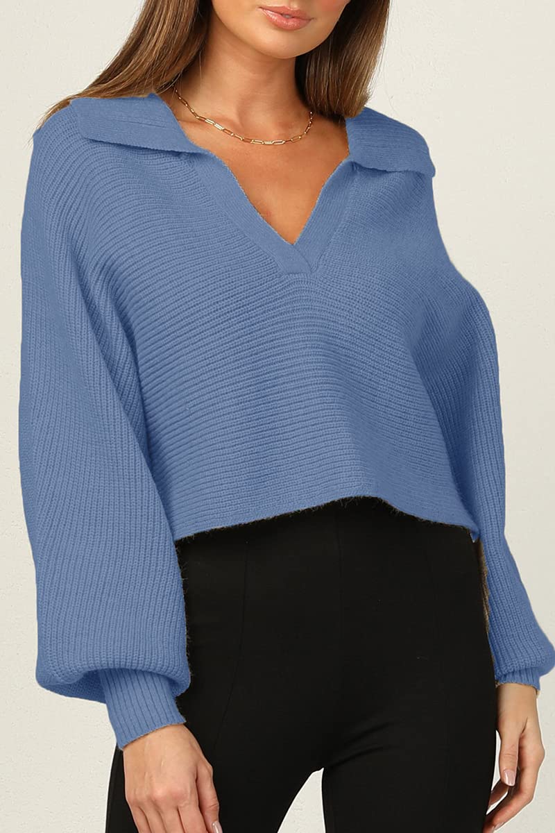 CHYRII Women Overized Puff Long Sleeve V Neck Knitted Polo Pullover Sweater Jumper Tops