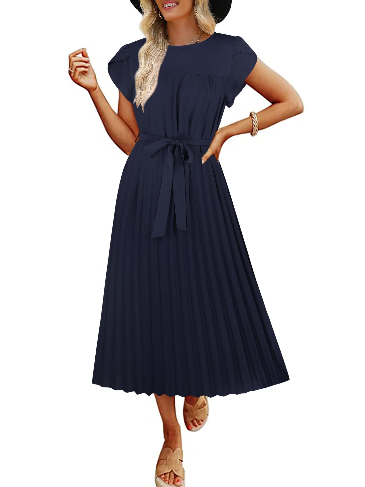 ECOWISH Summer Maxi Dress Women Cocktail Formal Wedding Guest Long Short Sleeve Pleated Dresses Empire Waist Crew Neck Slit