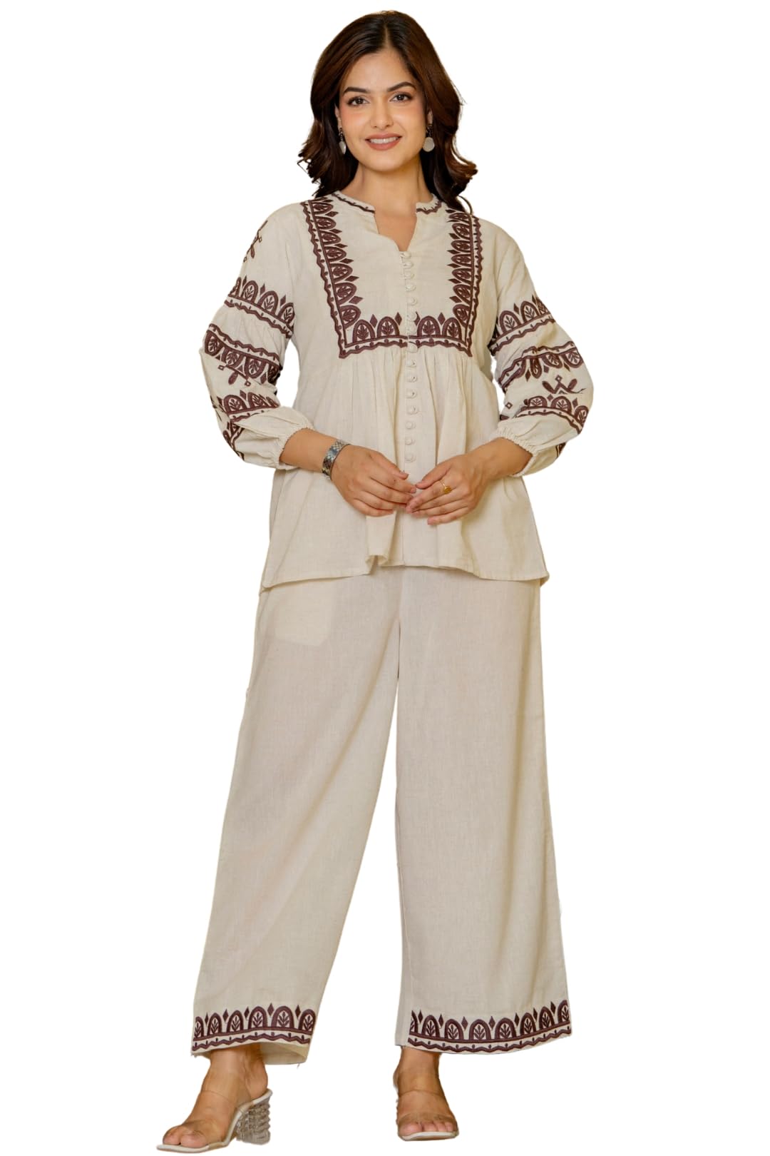 pistaa's Women's Embroidered Cotton Co-Ord Set | Embroidered Top with Wide-Leg Palazzo | Ethnic Casual Wear-picture-34