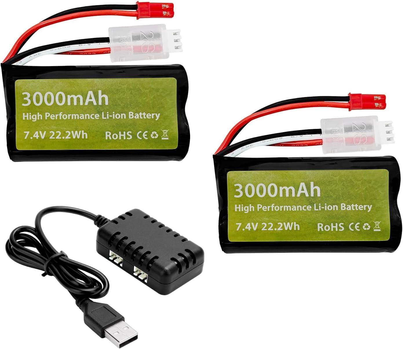 YUNIQUE GREEN-CLEAN-POWER - 2 Pezzi 7.4V 3000mah 15C 2S batteria agli ioni di litio con spina JST-2P con caricabatterie 2-in-1 per UDIRC UD1601 UD1602 SG1603 RC Car 1/10, 1/12, 1/16 Scala Truck RC