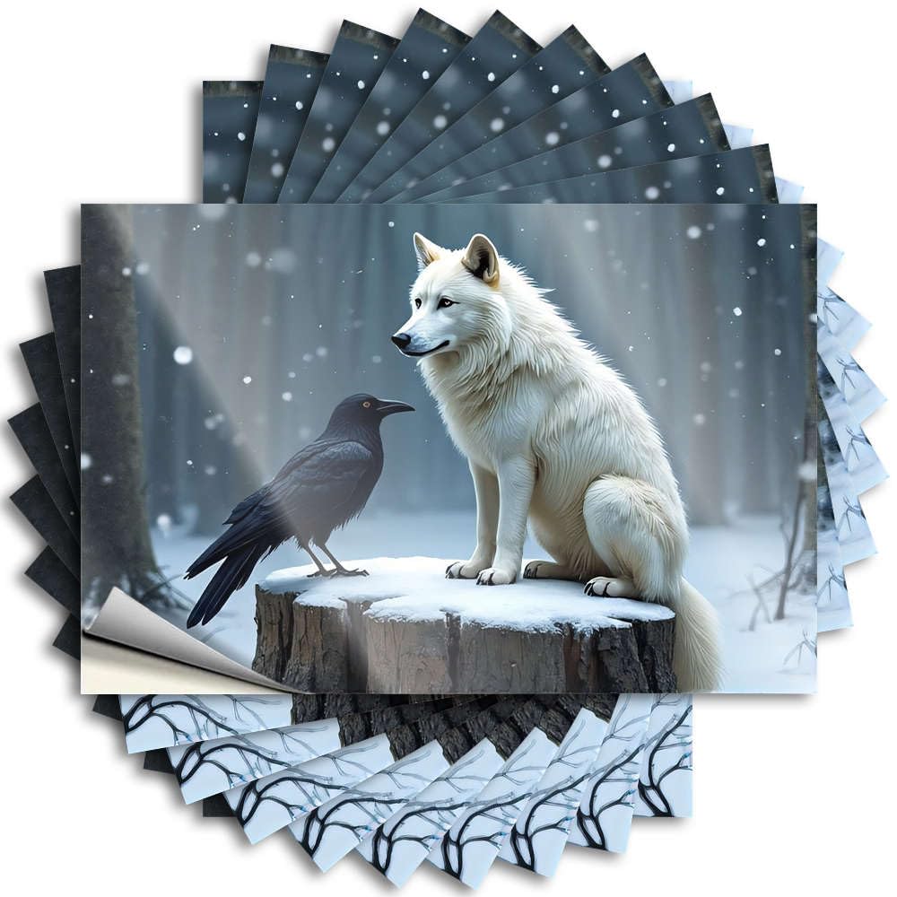 Sticker Crazy Room Decorations Aesthetic Tumbler A White Wolf and A Black Crow Stand On A Snowy Stump in A Winter Forest - No Residue Decals for Dart(12X18CM)