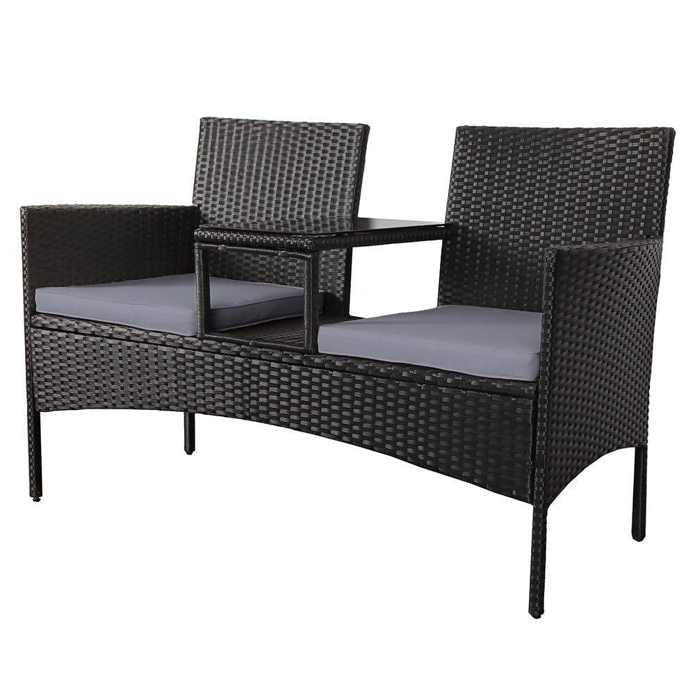 Panana Rattan Loveseat, 2 Seater Garden Bench with Cushions & Built-In Glass Table, PE Wicker Patio Love Seat for Outdoor Balcony, Poolside & Conversation Set (Black Rattan with Grey Cushions)