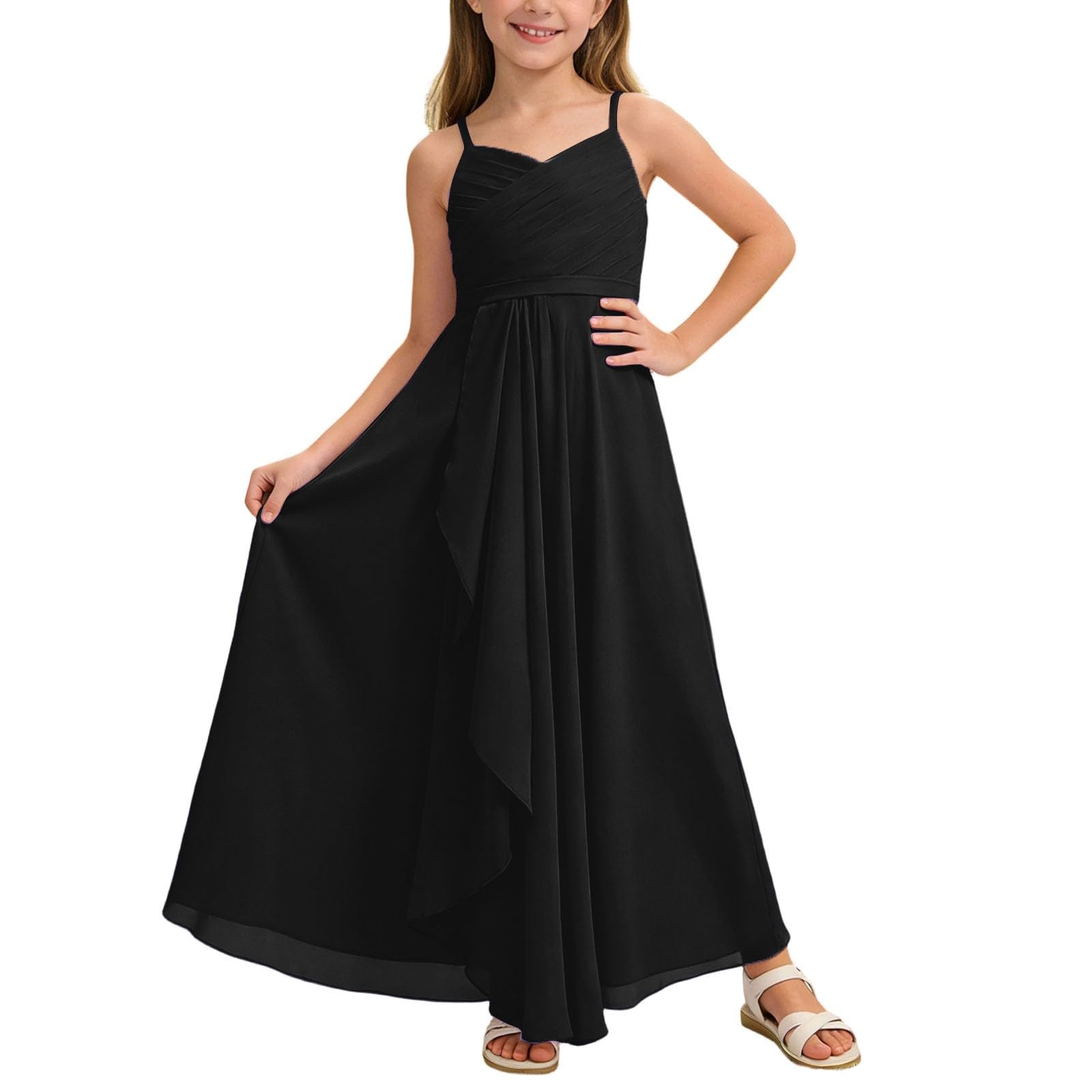 MaNMaNing Abito Linea Damigella Giovane Chiffon fluente Maxi Matrimonio Festa sfilata Elegante Vestito Lungo Bambina