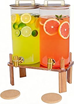 2 PACK 1.5 Gallon Glass Beverage Dispenser with Wooden Lid, Drink Dispenser with Wooden Stand, Lemonade Dispenser with Stainless Steel Leak-Proof Spigot for Parties, Weddings
