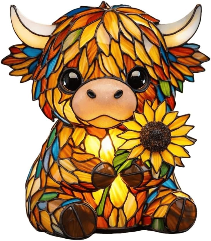 Handcrafted Sunflower Highland Cow Lamp Stained Glass Highland Cow Night Lamp 3D Animal Night Light for Home Office Bedroom Living Room Desk Decor (1Pcs)