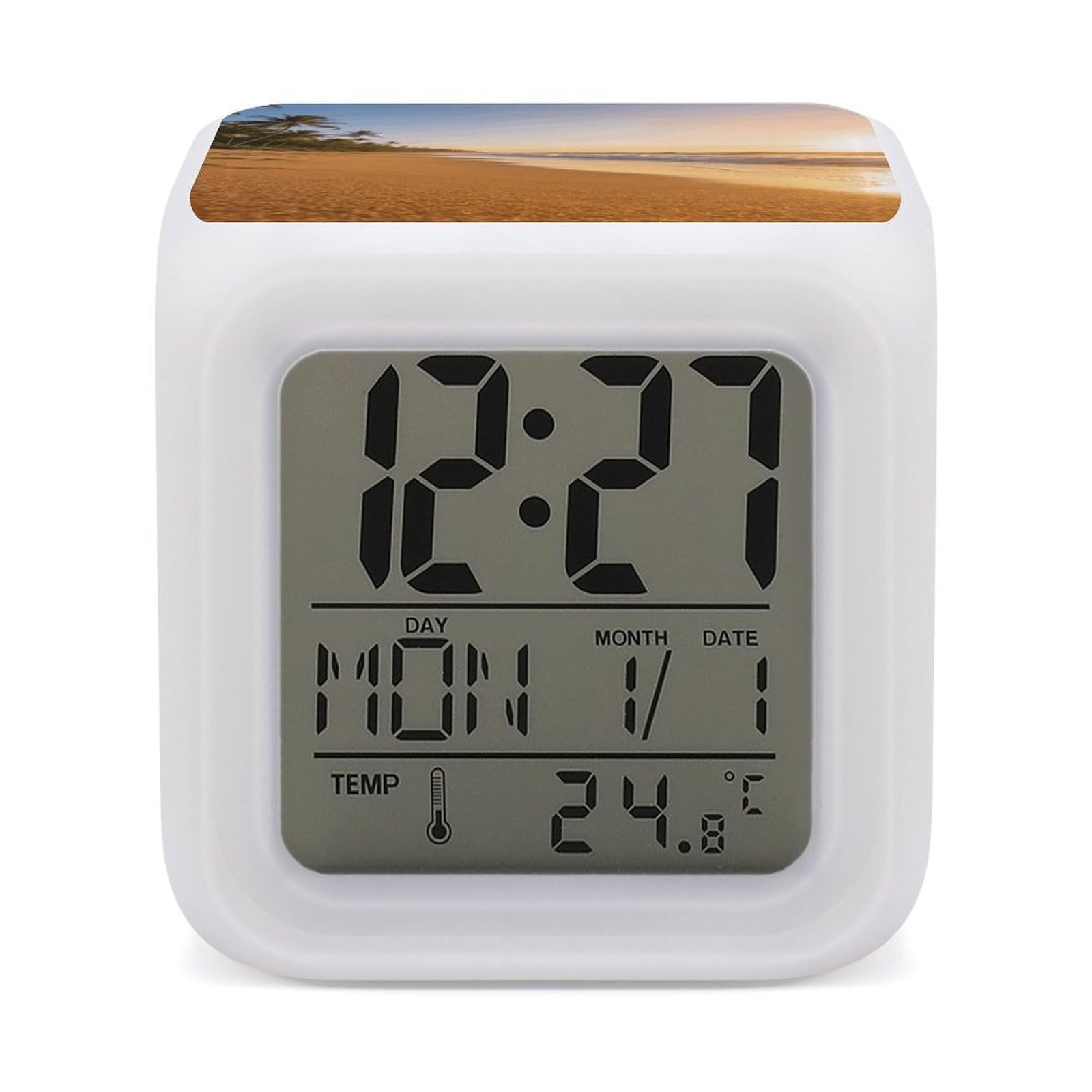 LZQPOEAS Coconut Shadow Gold Sands Alarm Clock with 7 Color Changing Nightlight for Bedroom Calendar Temperature Display Wake Up Digital Clock Small Desk Clocks for Heavy Sleepers Adults