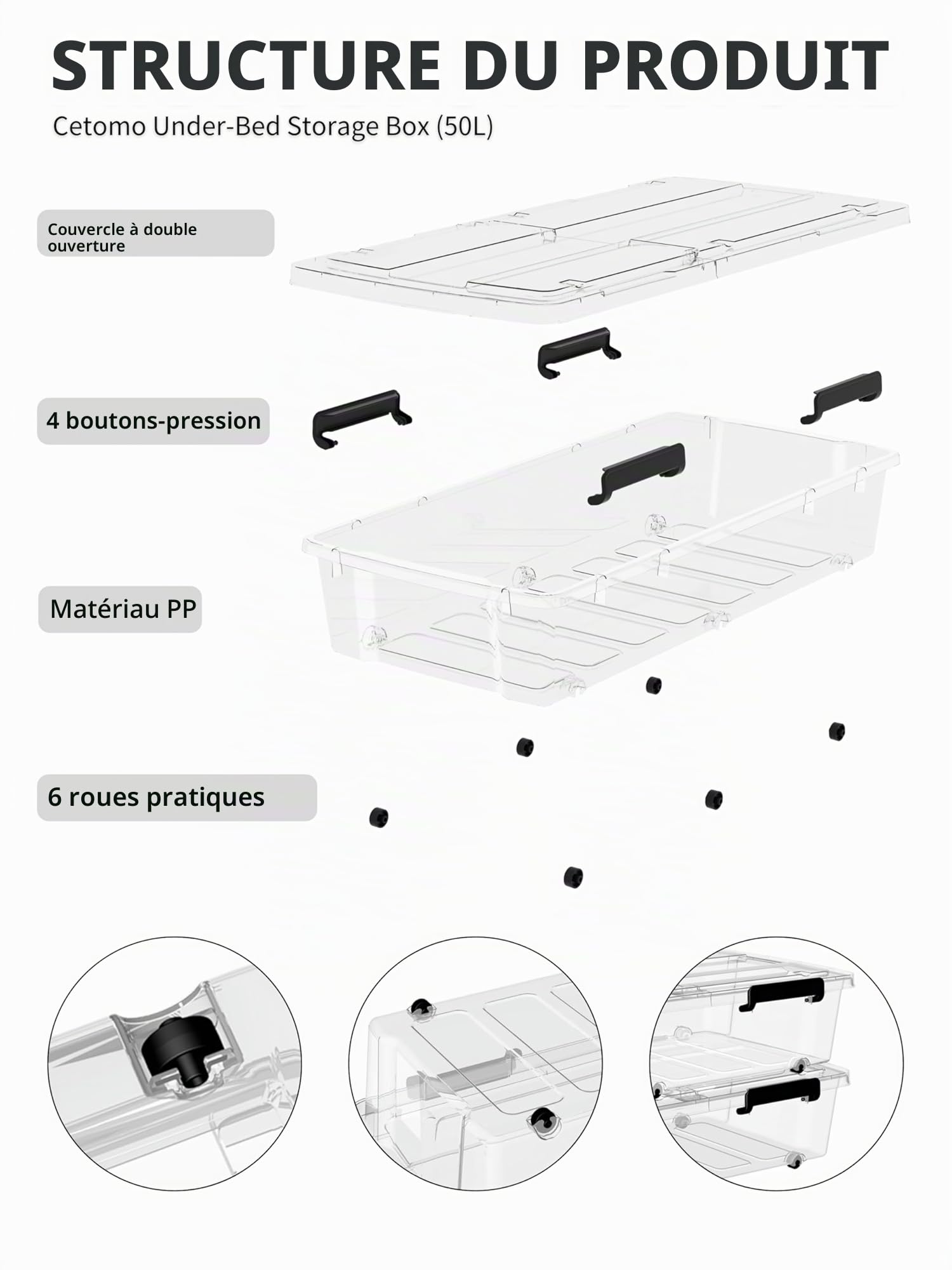 Cetomo 50L*4 Boîtes de Rangement avec Roues, Conteneur de Rangement Sous le Lit avec Couvercles à Double Ouverture, Boîte d'organisation pour Chambre à Coucher, Superposable, PP, Clair, 50L, Lot de 4