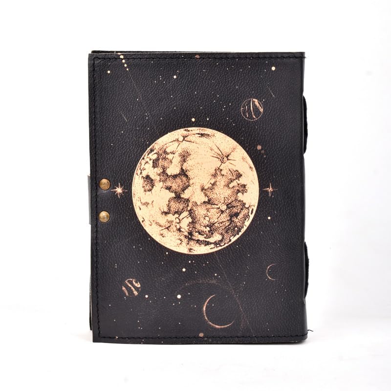 Image of Moon Print Leather Journal Diary with Lock Clasp | Vintage Handmade Leather Journal | Size- 7 X 5 inch (200 pages)