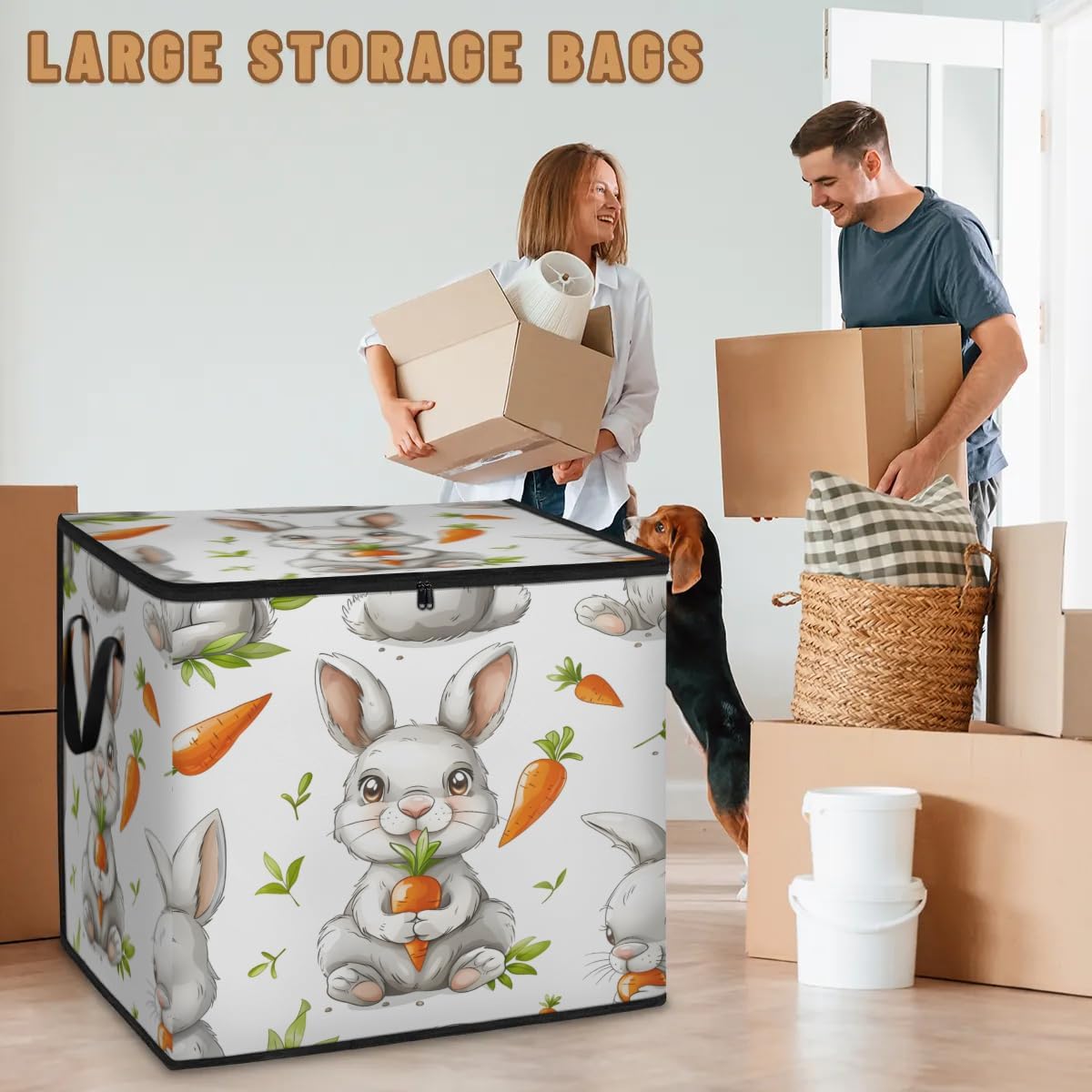 Honeybaby 214L Extra Large Comforter Storage Bag Bunny Carrot Storage Totes with Lids Waterproof Closet Organizer Folding Blanket Storage Bags for Clothes Bedding Pillows