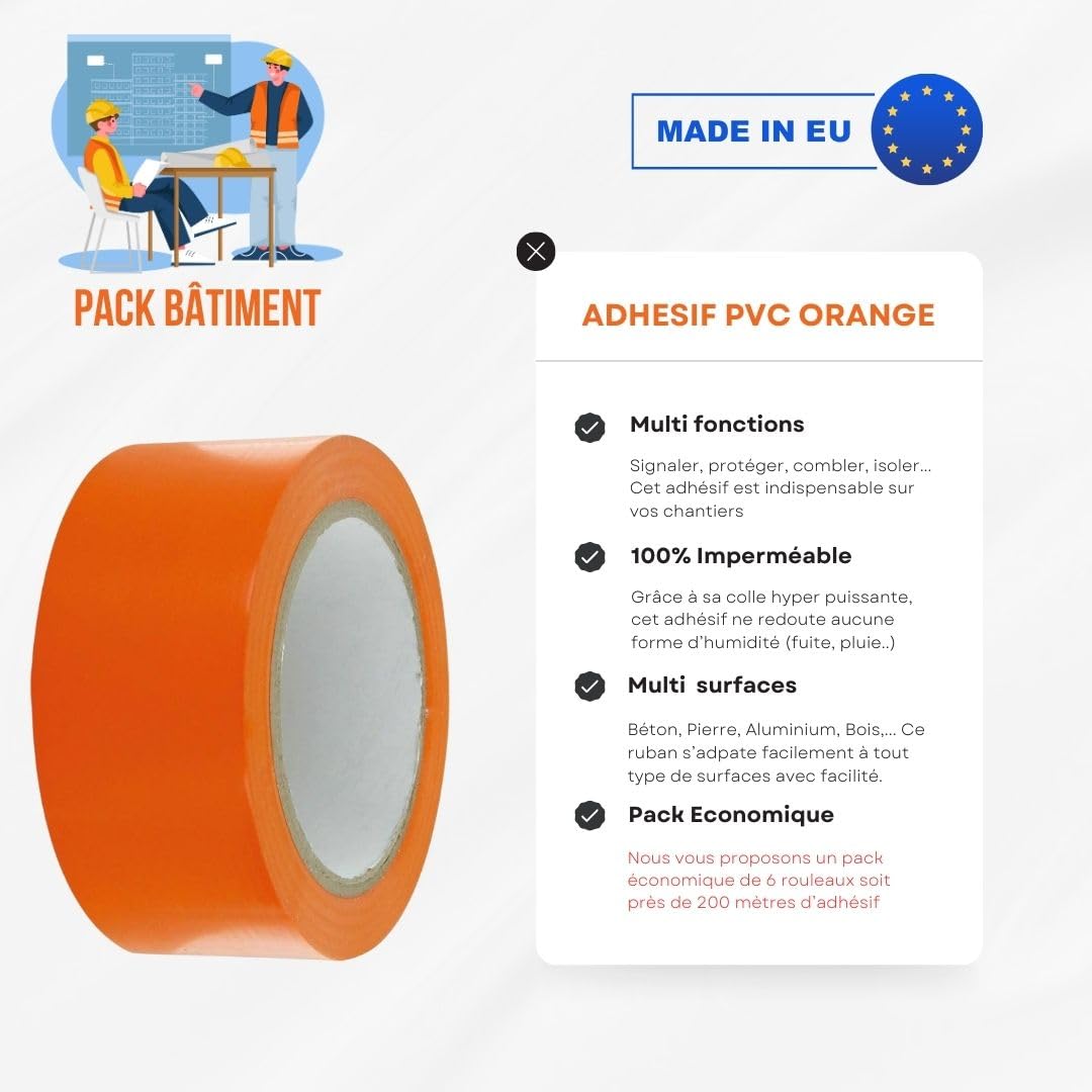 Scotchs Orange de Chantier (PVC) | 6 Rouleaux Ruban Adhésif (0,50 cm X 33 m) | Travaux et Chantiers | Toutes Surfaces | Bricolage - Etanchéité - Isolement - Protection | Ultra résistant 140 µ