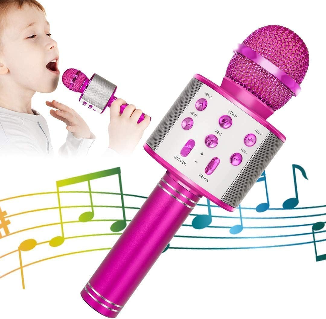 NEW Wireless Bluetooth Karaoke Microphone for Kids, 5-in-1 Portable Handheld Karaoke Mic Speaker Player Recorder with Adjustable Remix FM Radio for Kids Girls Boys Teens Birthday (Hot Pink)