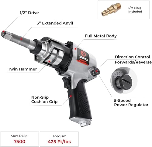 Miniatura 2 de INTERTOOL Llave de impacto neumática, unidad cuadrada de 1/2 pulgada, yunque extendido de 3 pulgadas, neumáticos para camiones y automóviles,