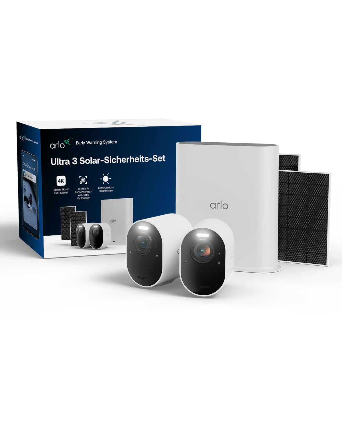 Arlo Ultra 3 Überwachungskamera Aussen WLAN, 2er Set mit 2 Solar Panel, Kabellos, 4K UHD, KI-Erkennung, Auto-Tracking, Farb-Nachtsicht, Zwei-Wege-Audio, Lokaler Speicher, mit Arlo Secure Testversion