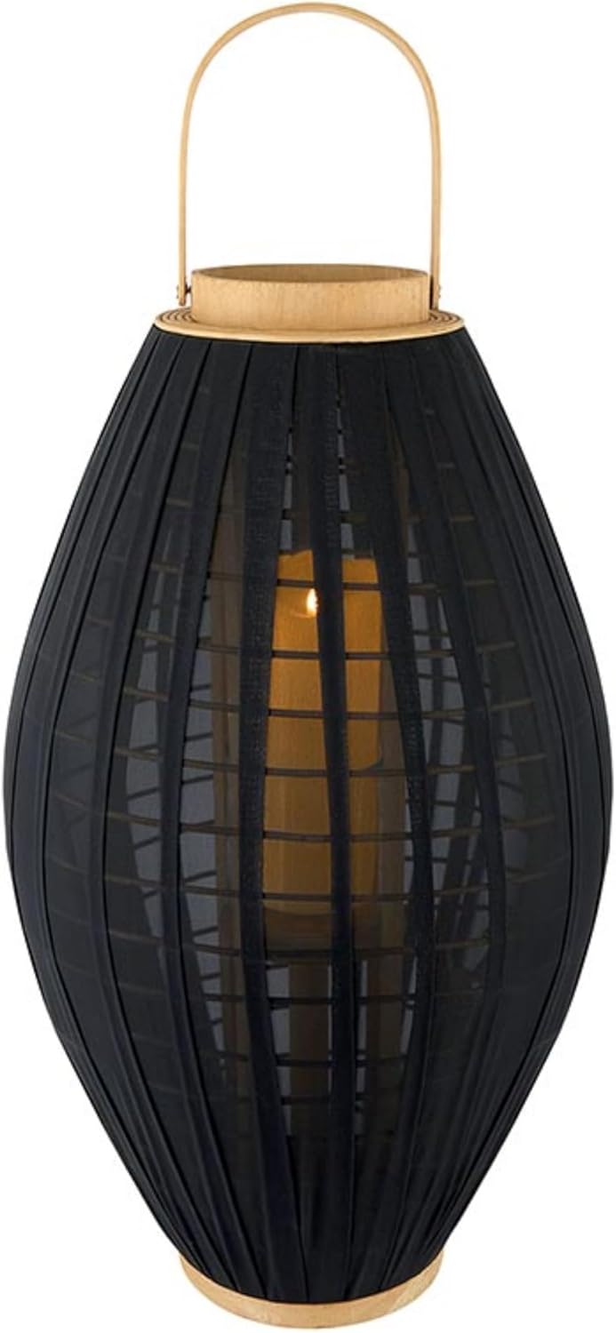 47th & Main Glass Hurricane Round Lantern with Handle Pillar Candleholder, Medium, Bamboo/Black