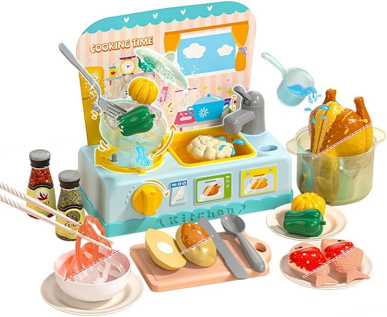 Juguetes de cocina, cocina de juguete, juguete de fregadero de juguete, olla y sartén, juguete para cortar alimentos de juego, accesorios de platos