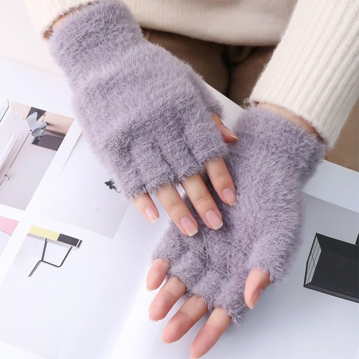 Fingerless Gloves for Women Men, Winter Stretch Thermal Half Finger Glove for Typing Driving Working
