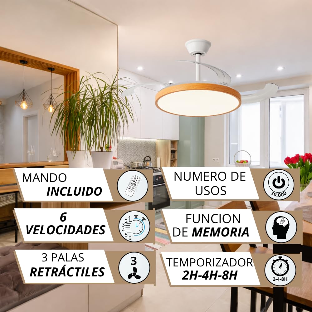 NARVI Ventilador de Techo Blanco y Madera Haya con Luz LED Regulable, Motor DC Silencioso de Bajo Consumo, Lámpara Ventilador con Mando, 3 Aspas Retráctiles, BRETAÑA 1779 WDN+WH