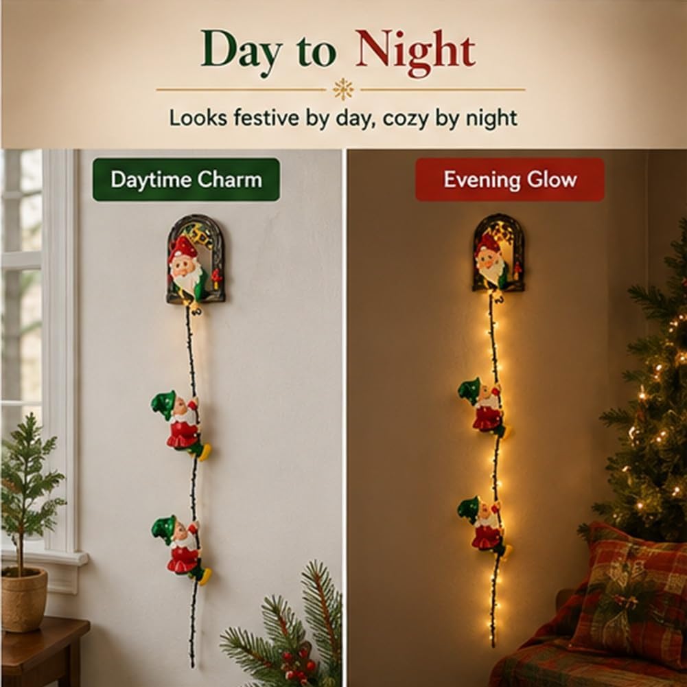 Cadena de Luces navideñas para gnomos, estatuas de gnomos trepadores con Cadena de Luces LED, para Colgar en la Pared, Divertida decoración de Pared de gnomos con Cuerda para Escalar