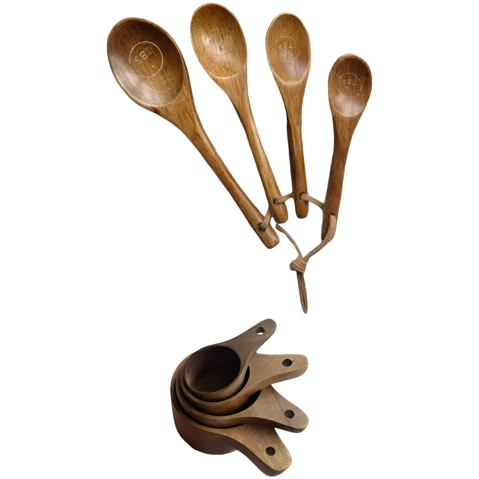 Lot de 8 tasses et cuillères doseuses en bois, tasses en bois d’acacia, cuillères en bois de hêtre, marquages gravés, design emboîtable pour un rangement facile, pour cuisine et pâtisserie