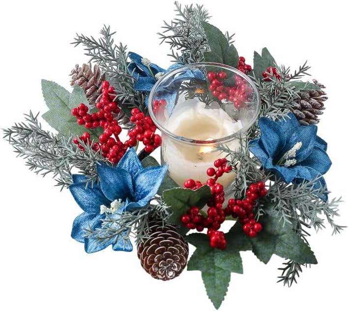 Christmas Candle Ring Wreaths Poinsettia Berries Pinecones Candle Ring Holder for Christmas Table Centerpiece Window Chair Wall Décor (Blue)